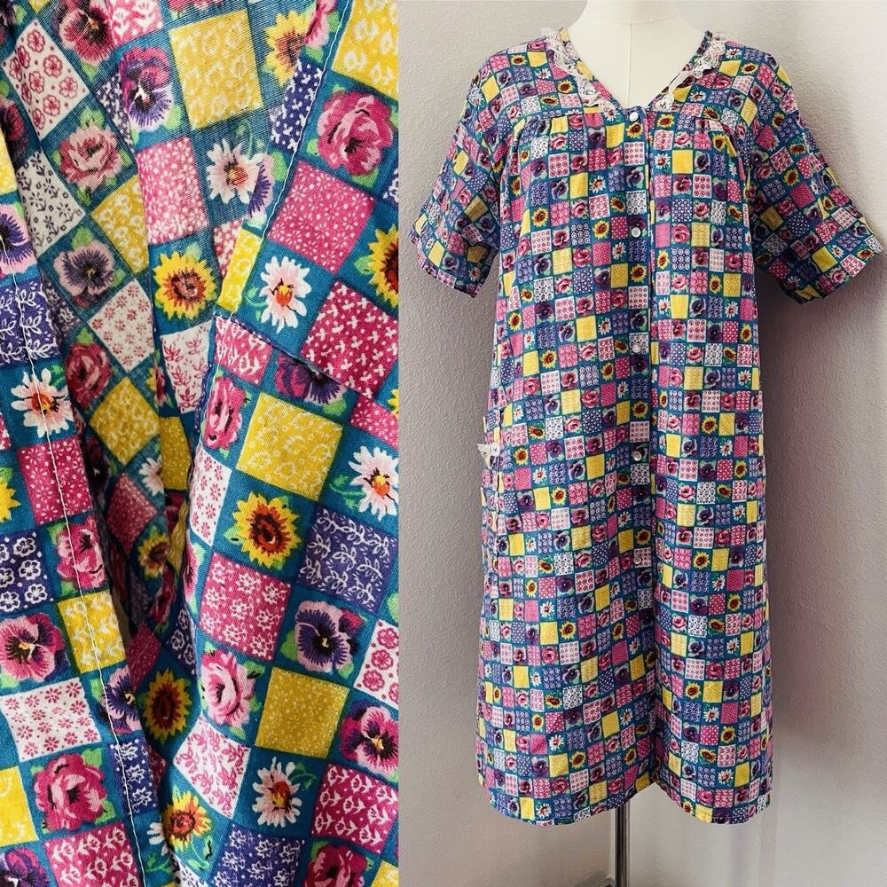 70s Vintage HABAND House Dress Checker Floral Pink Lace Purple Large Groovy